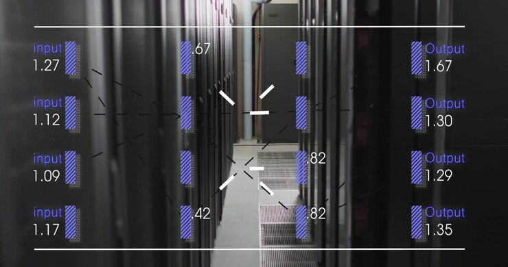 Data Center Server Racks with Digital Network Traffic Visualization