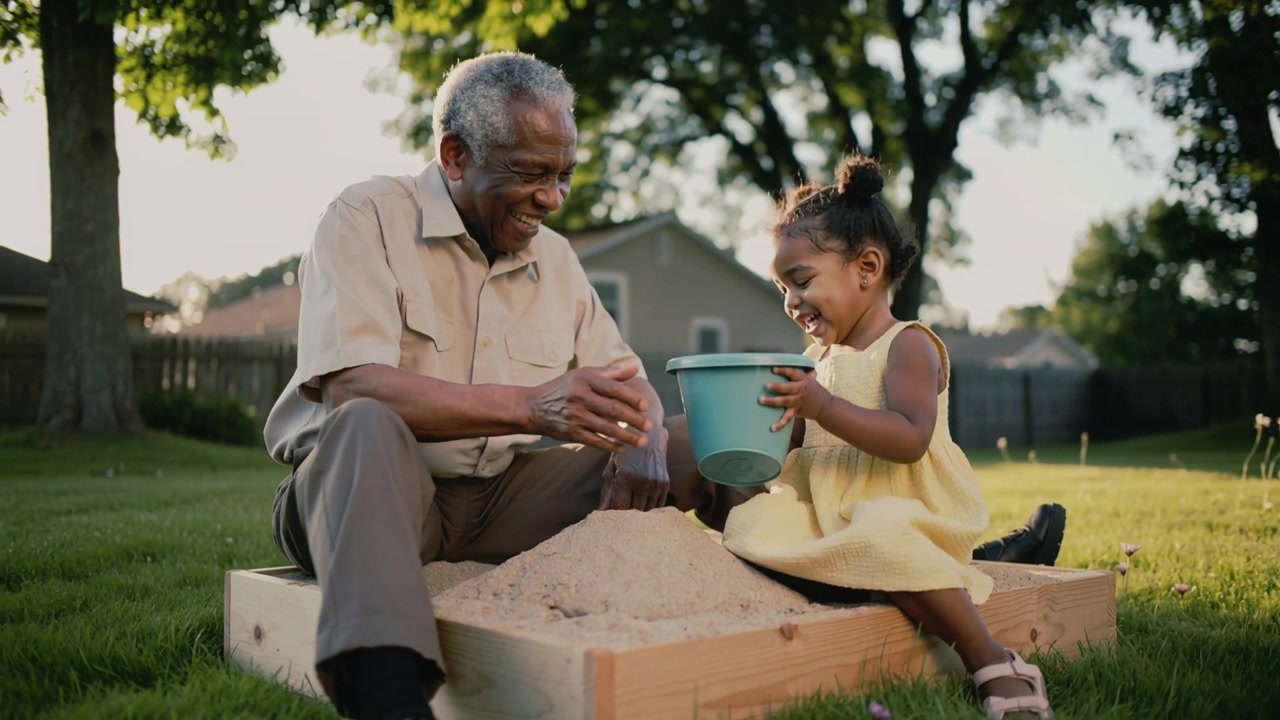 Reaching man with sunglasses and girl in yellow dress passing green bucket in sandbox playing