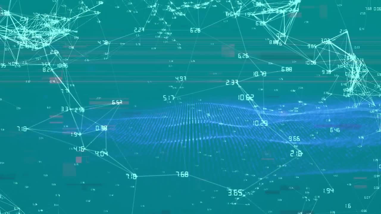 Digital animation of network of connections and digital wave against blue background