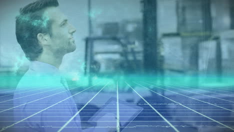 animation of glowing blue grid over caucasian of warehouse worker