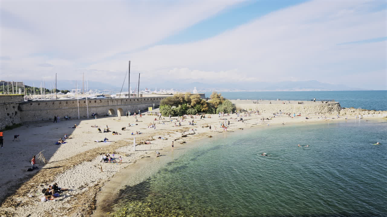 View of people on the Gravette Beach in Antibes, France