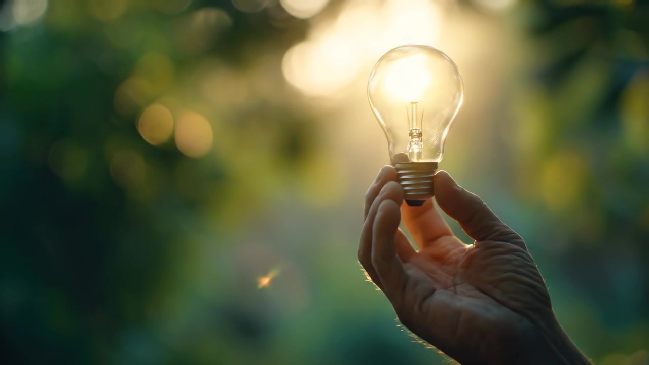 Hand Holding a Glowing Light Bulb Against a Blurred Nature Background