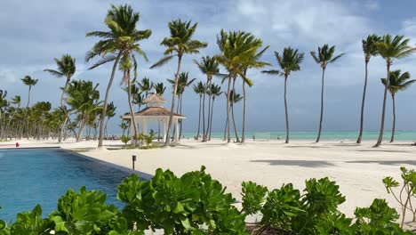 Exotic-tropical-beach-with-infinity-pool,-luxury-vacation-and-holiday-resort,-deckchairs-and-palms-on-blue-shore-of-the-Dominican-Republic,-romantic-getaway-and-travel-concept