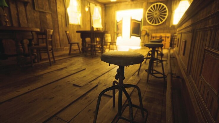 Camera captures downward angle of rustic stool amid soft background blur