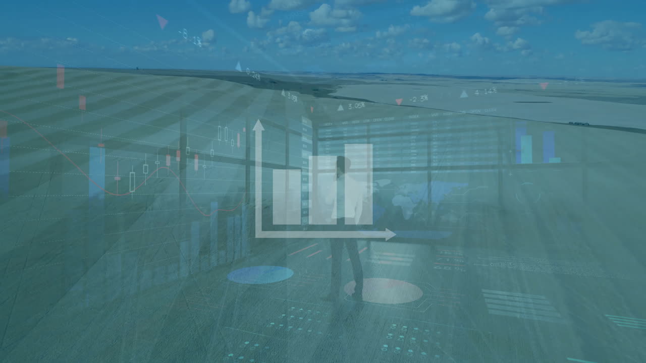Analyzing financial data, businessman using digital interface with animation effects