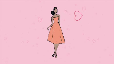 animación de iconos de corazones y modelo en fondo rosa