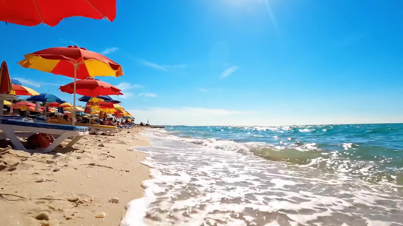 Een Levendige Dag op het Strand: Kleurrijke Parasols, Zonaanbidders Beschermend, en Prachtige Schelpen Langs de Zandige Kustlijn Onder een Stralend Blauwe Hemel