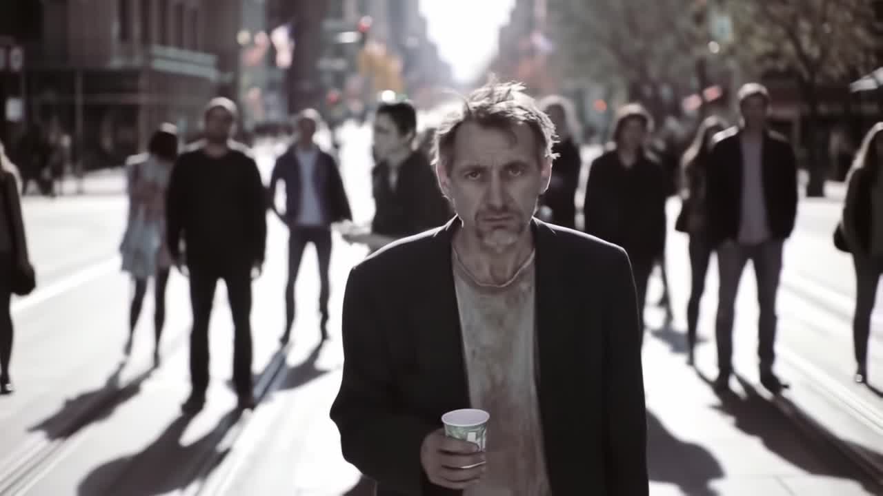 A solitary figure navigates a busy city street, embodying a profound sense of isolation and struggle amid a sea of indifferent passersby, reflecting societal disconnect