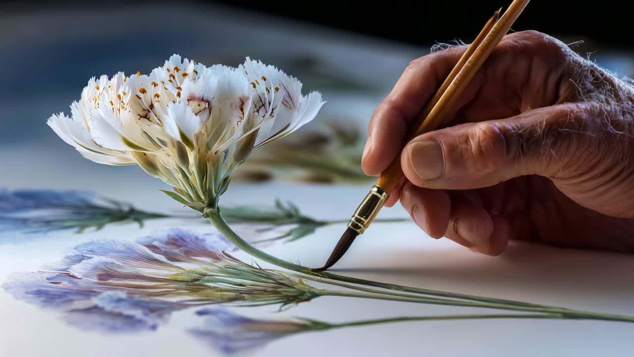 Delicate Hand Painting a Beautiful Flower, Showcasing the Artistry of Floral Illustration with Exquisite Detail and Vibrant Colors, Capturing the Essence of Nature's Beauty