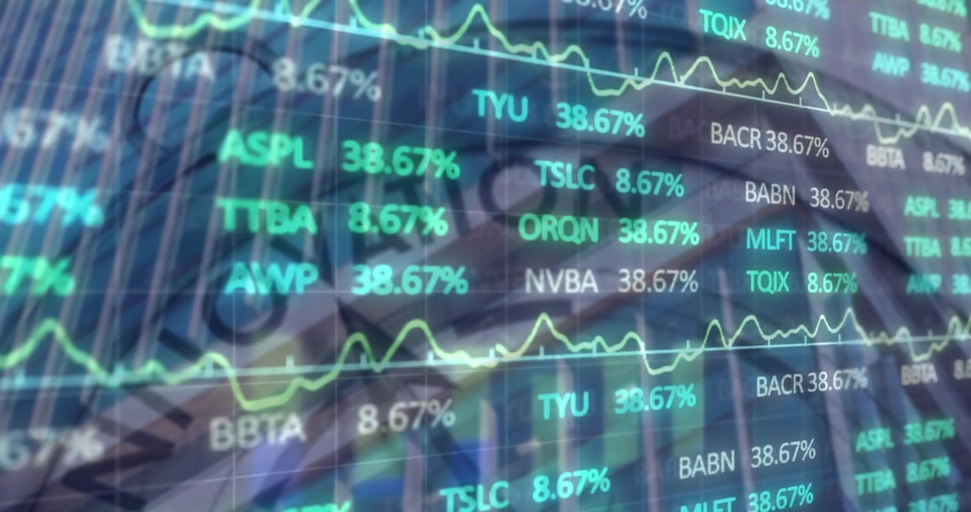 Animación de procesamiento de datos financieros sobre un reloj