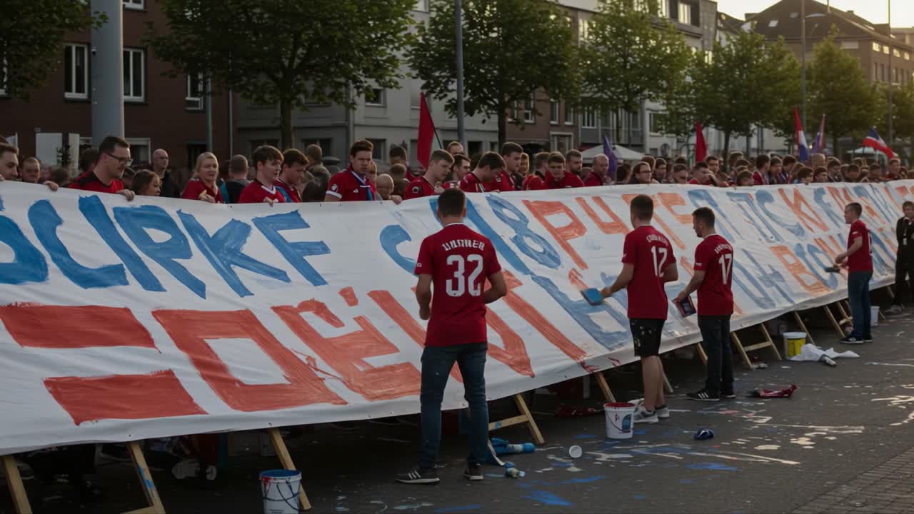 Enthusiastic Fans Collaborate to Create a Colorful Banner at a Local Event, Showcasing Team Spirit and Community Passion with Vibrant Paint and Cheers
