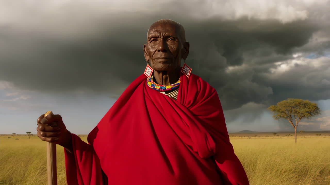 Elderly Maasai Man in Traditional Red Robe in African Savanna