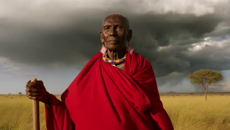 elderly maasai man in traditional red robe in african savanna