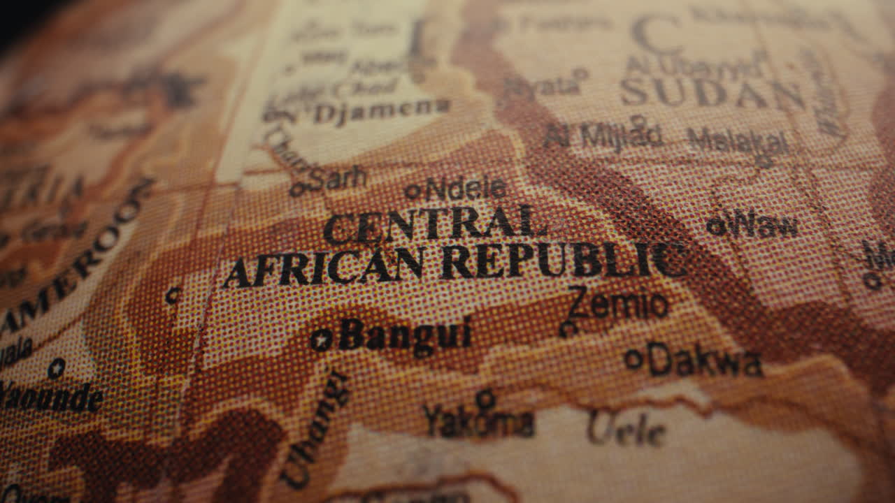 Close-up of a world map highlighting the Central African Republic