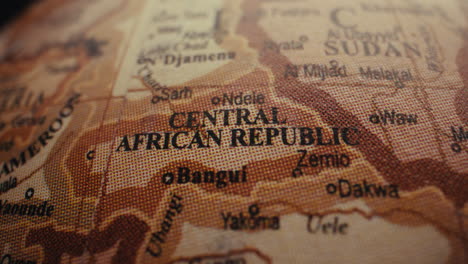 close-up of a world map highlighting the central african republic