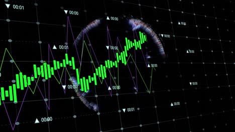 Finanzdatenverarbeitung-über-Ein-Gitternetz-Vor-Einem-Sich-Drehenden-Globus-Auf-Schwarzem-Hintergrund