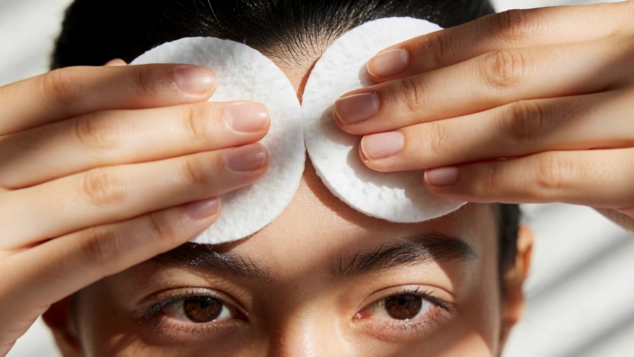 Holding cotton pads, woman bringing inward by window, pressing forehead for skin care with blinds
