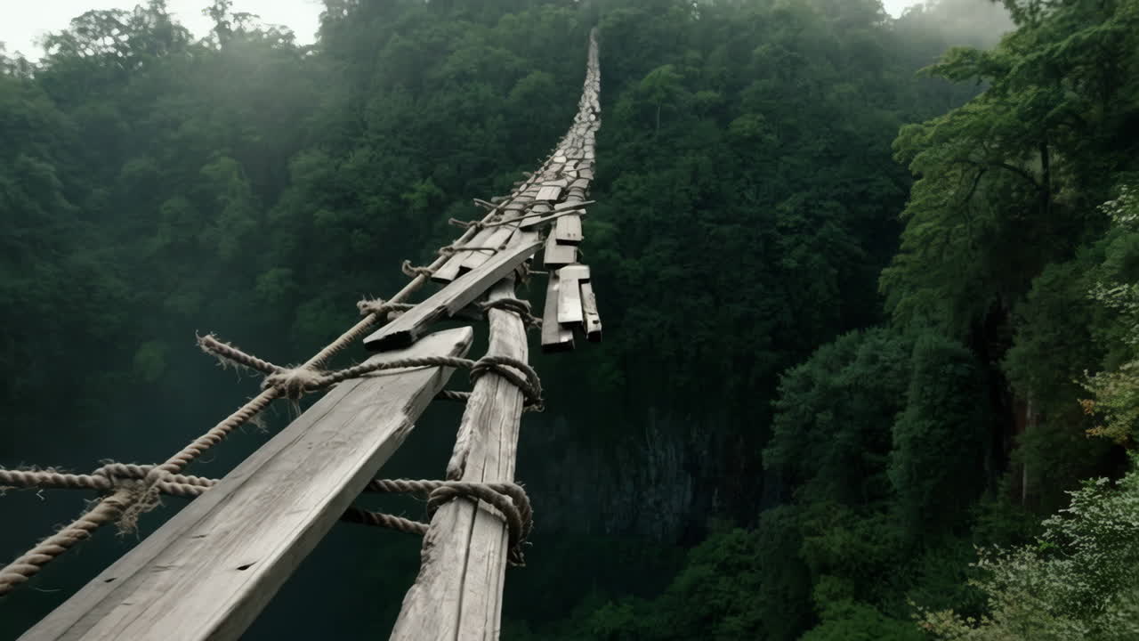 Precarious Wooden Bridge Over a Deep Forested Gorge