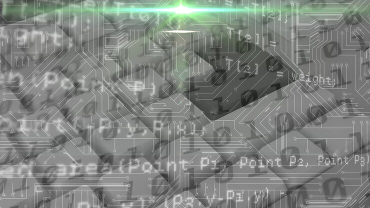Animation of binary coding, data processing over glowing computer circuit board