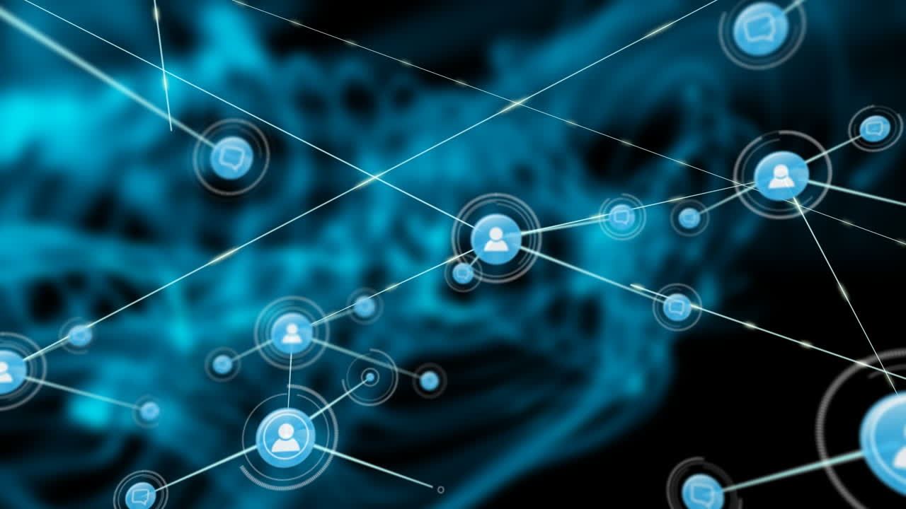 animación de la red de conexiones con iconos sobre formas sobre fondo negro