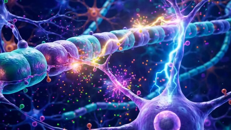 3D Medical Animation Of Neurons Firing With Electrical Impulses Racing Along Glowing Axons