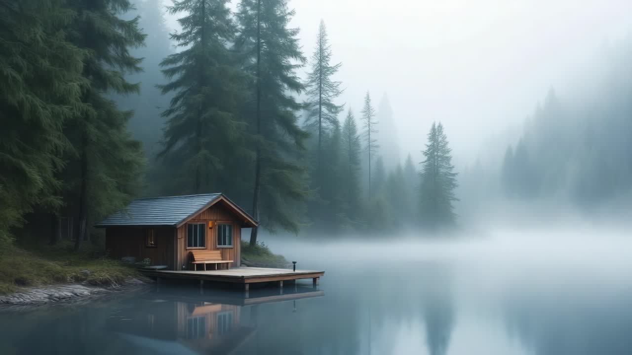 Wooden cabin sits peacefully by a tranquil lake, enveloped in mist, surrounded by tall evergreen trees, reflecting calmness and solitude in the serene natural environment
