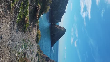 praia de almograve beach with ocean waves, cliffs and stones, wet golden sand and green vegetation at wild rota vicentina coast, odemira, portugal