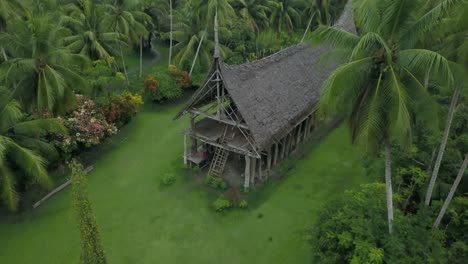 Aerial-view-Descending-shot,-scenic-view-wooden-hut,-palm-trees-and-green-grassland-in-the-background-in-Kanganaman-Village,-Sepik-Region,-Papua-New-Guinea