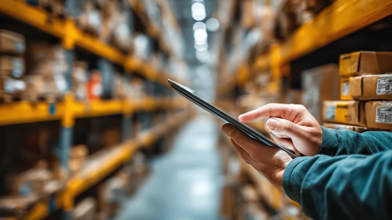 A Warehouse Worker Using a Tablet to Manage Inventory and Track Packages in a Well-Organized Storage Facility Filled with Cardboard Boxes