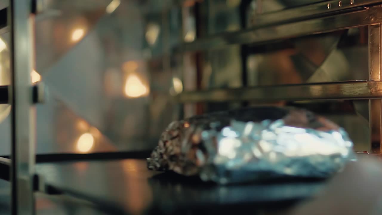 요리사는 포일로 감싸진 고기를 오븐에 넣습니다.