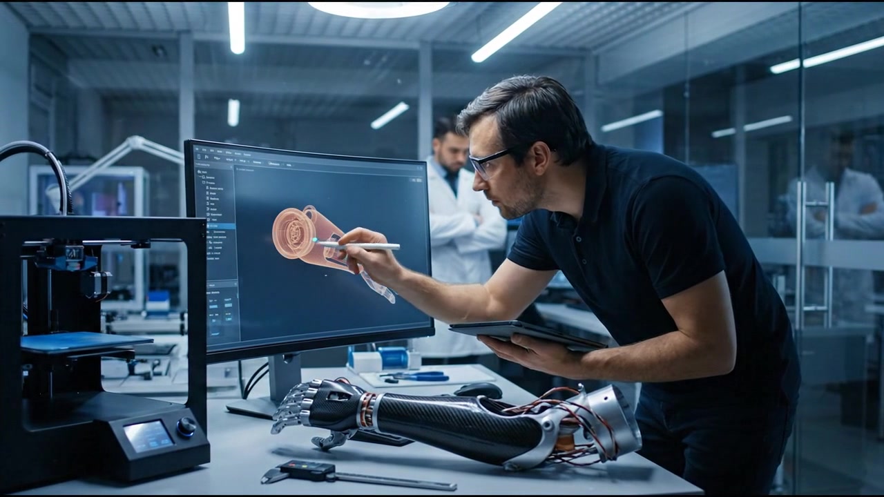 Biomedical professionals developing prosthetics holographic systems and healthcare robotics inside a contemporary hospital workspace