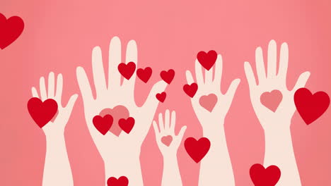 animación de corazones y manos sobre fondo rosa