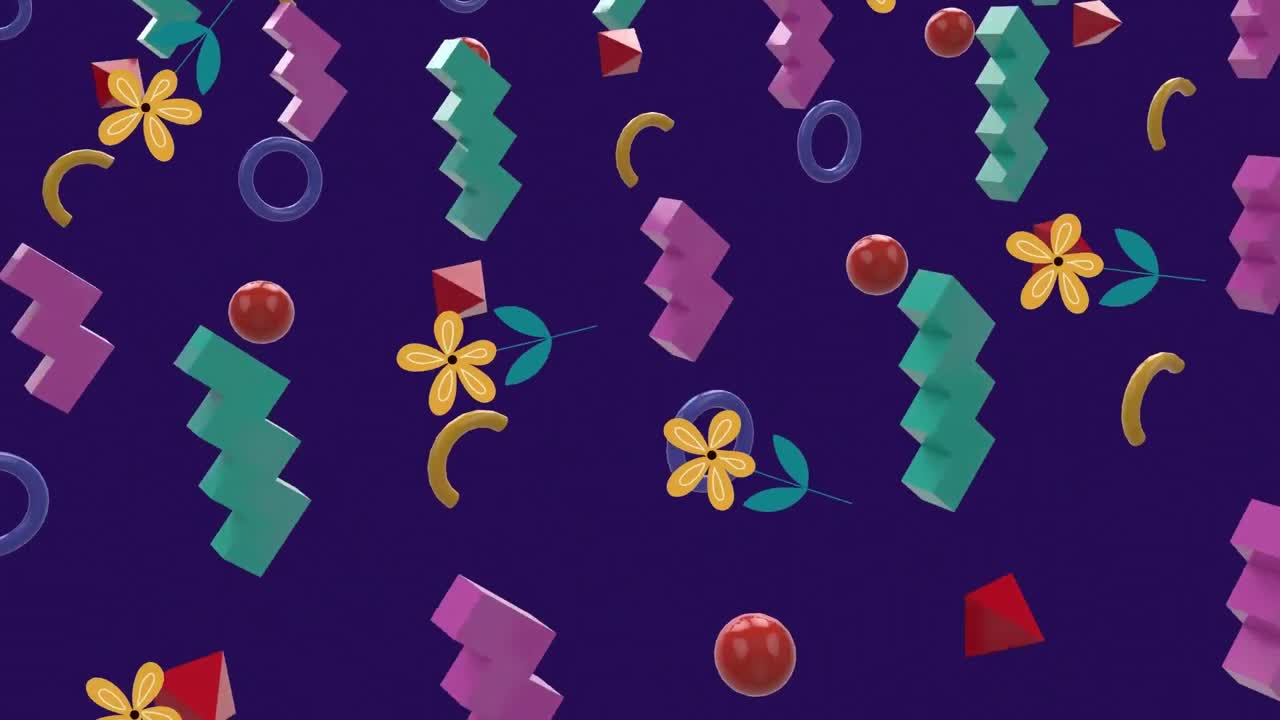 animación de flores sobre formas coloridas sobre un fondo púrpura