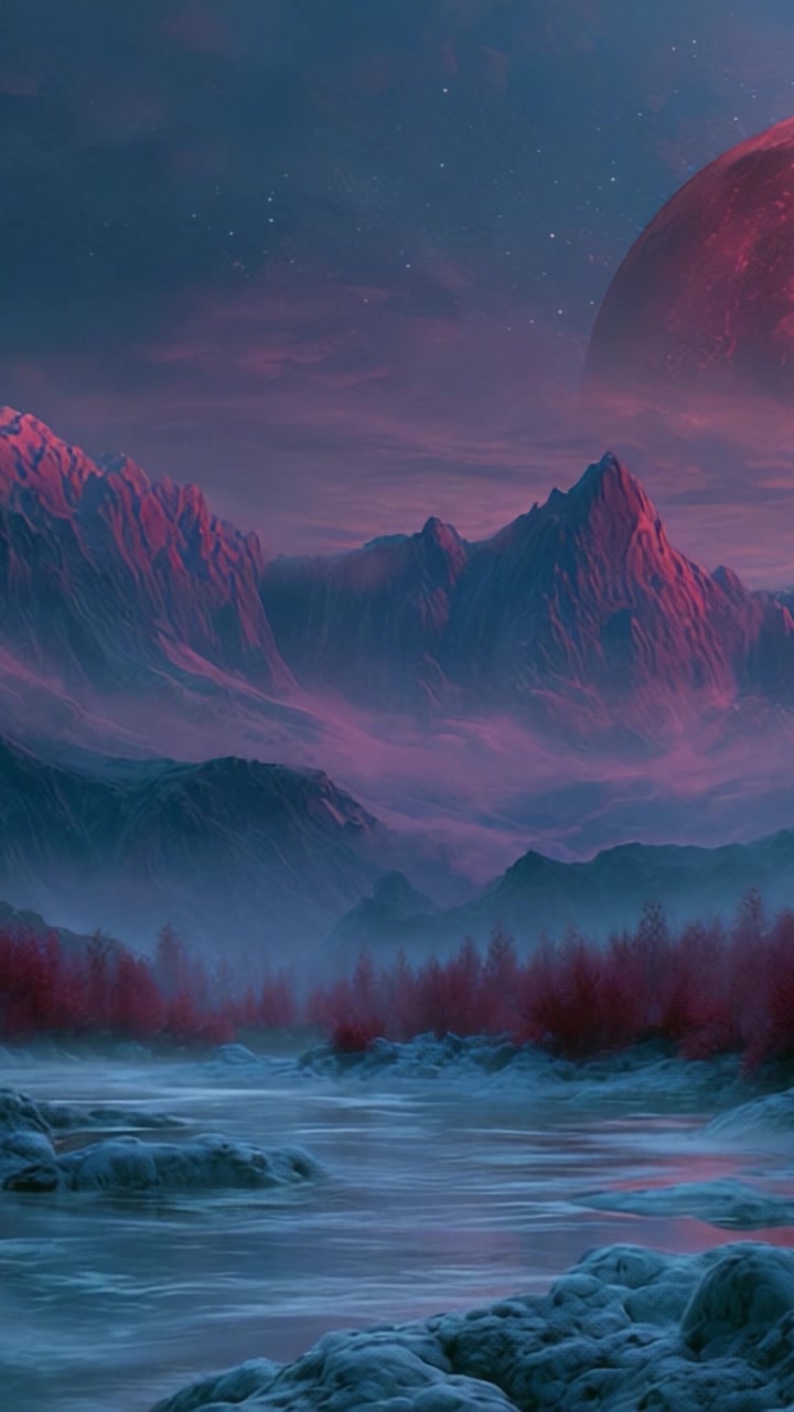 A Majestic Cosmic Landscape Featuring Breathtaking Mountains, Ethereal Waters, and a Mystical Celestial Body Under a Starry Sky