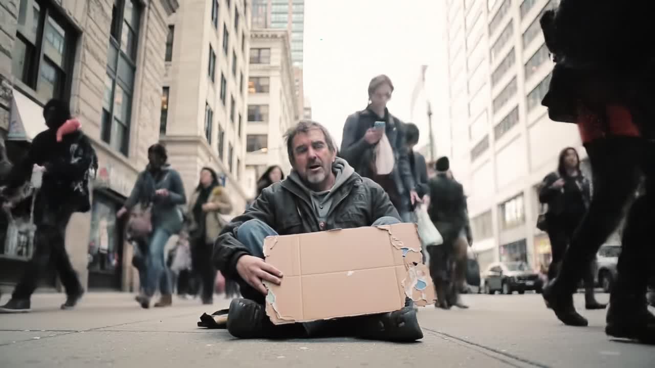 A Solitary Figure Amidst a Crowded City: The Struggles of Homelessness Captured in a Streetscape Narrative