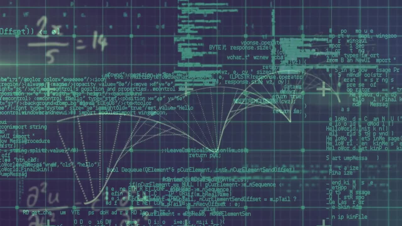 Animation of equations and particles forming helix over processing green data