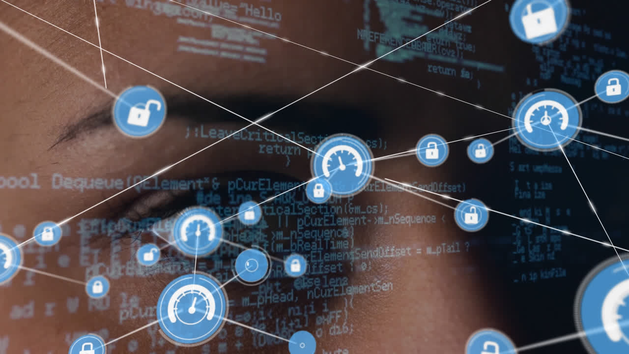 animación de iconos conectados a través del lenguaje informático contra los ojos recortados de una mujer biracial