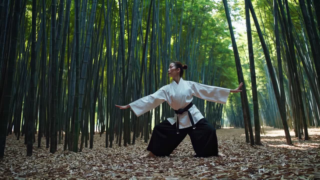 Una serena scena video di una persona in abiti da arti marziali che cammina attraverso una foresta di bambù.