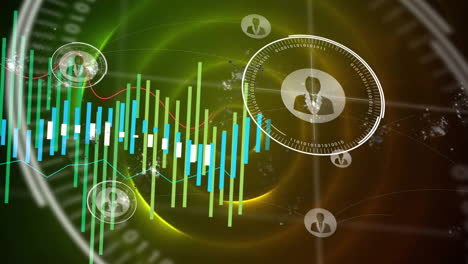 Animation-of-data-processing-with-icons-over-light-circles-on-black-background