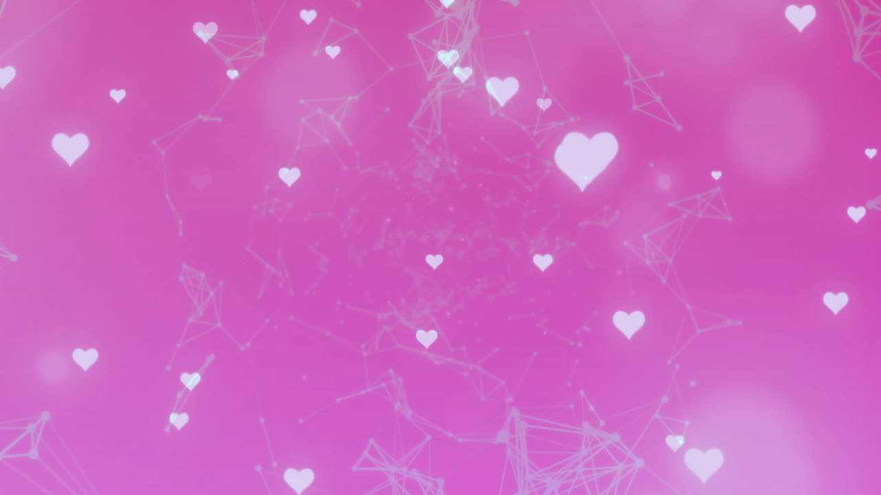 Animation of hearts falling and shapes on pink background