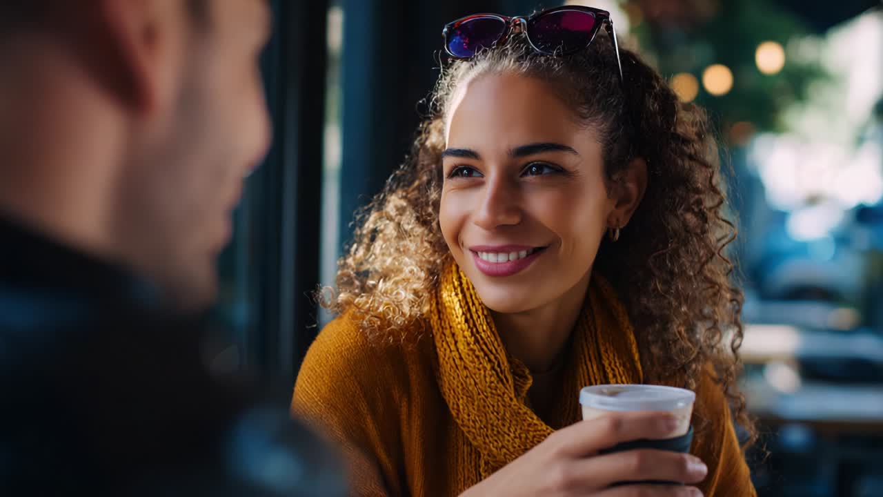 A cozy caf? conversation captures the essence of connection and warmth as a young woman engagingly discusses with a companion while enjoying a comforting drink, reflecting moments of joy and expressions