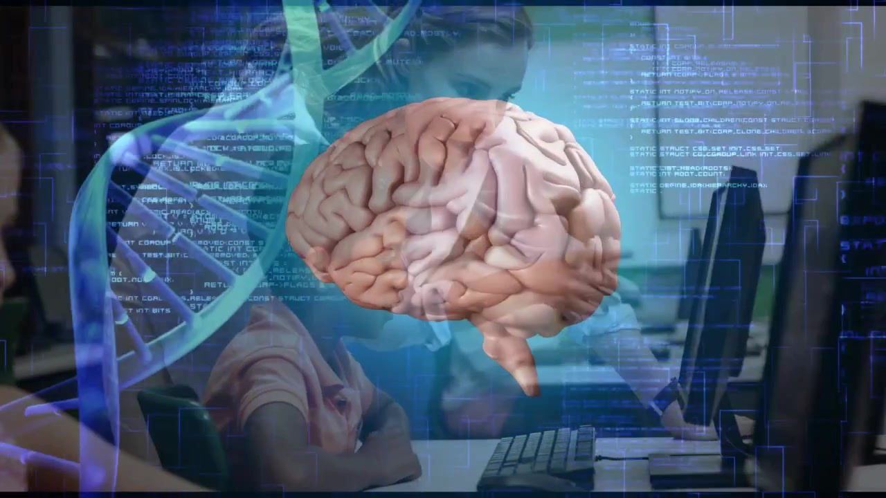 Students typing keys sparking rotating brain and DNA overlays for education while teacher guiding
