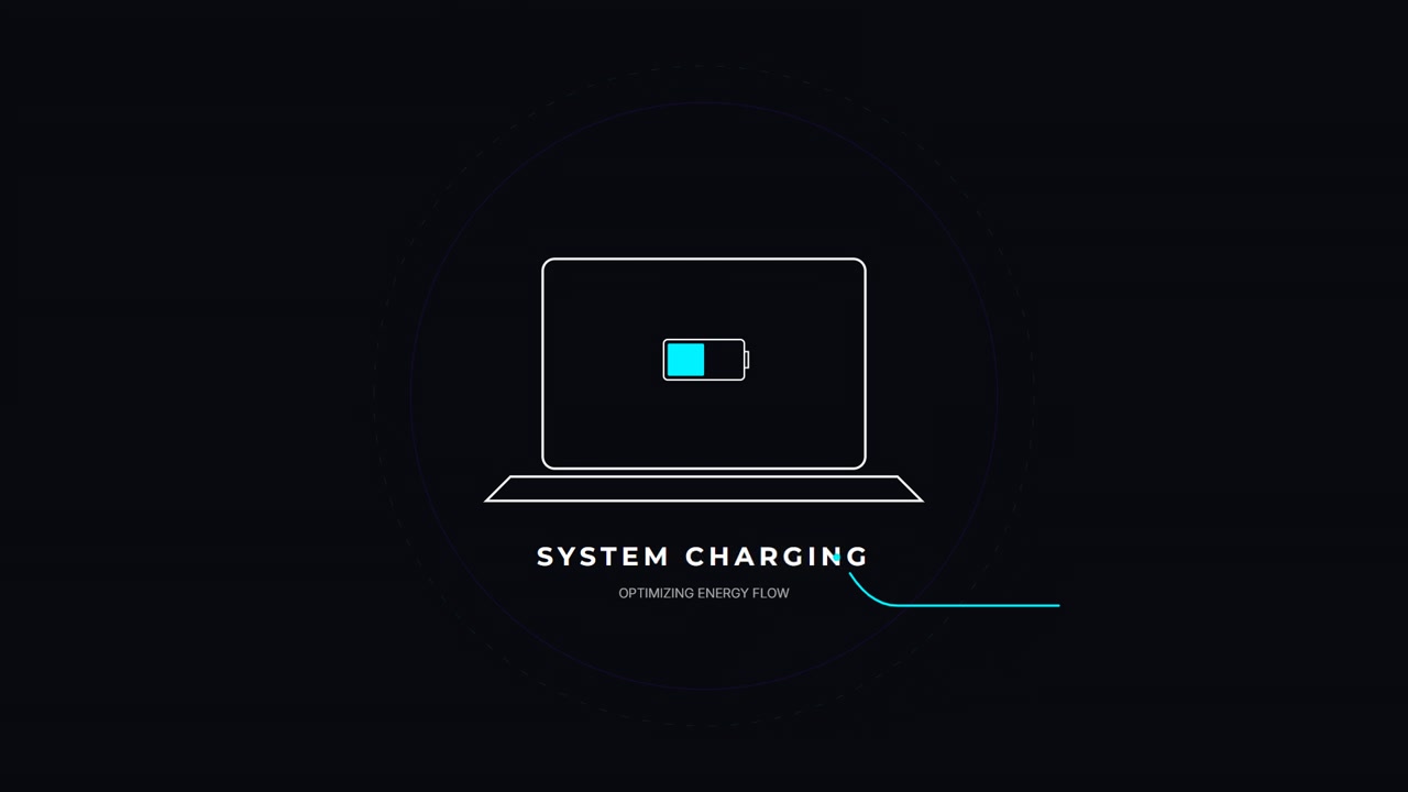 Animación minimalista de carga del sistema de portátil y optimización de energía.