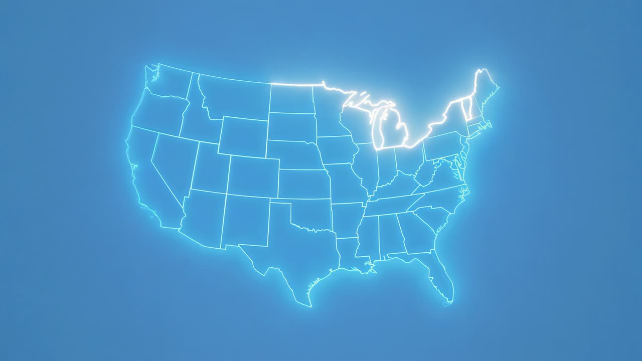 Forming neon outline map pulsing light along east coast, spreading glow across US blue backdrop
