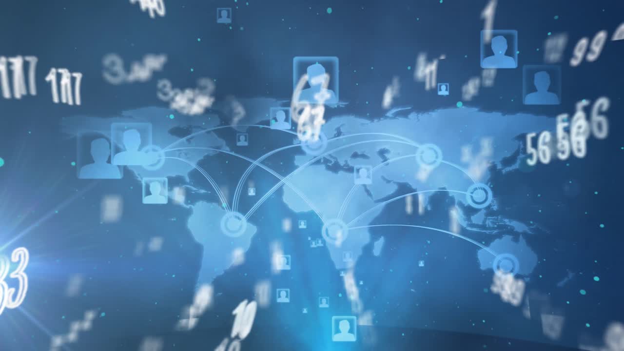 여러 번의 숫자와 상징이 프로필 아이콘과 파란색 배경의 세계지도 위에 떠 있습니다.