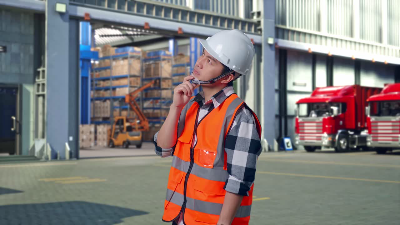 Side View Of Asian Male Engineer With Safety Helmet Thinking And Looking Around Then Raising His Index Finger While Standing , Outside of Logistics Distributions Warehouse