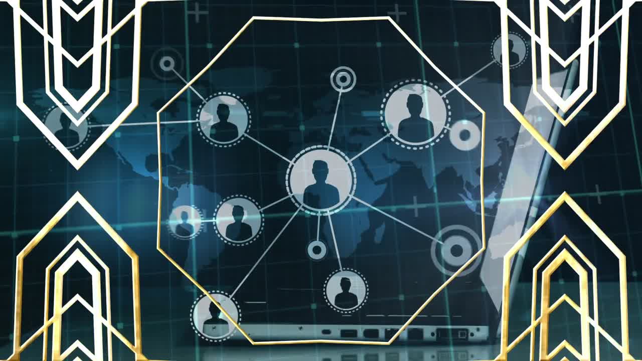 Animation of profile icons connected with lines, abstract shape and map over hands using laptop