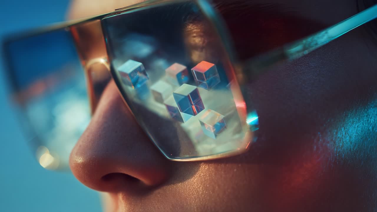 A Close-Up View of a Stylish Individual Wearing Reflective Glasses, Showcasing Intriguing Geometric Cubes in the Lens, Merging Fashion with Futuristic Technology and Artistic Vision
