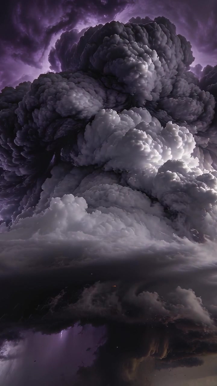 Video verticale: Tempesta che si intensifica e pulsa, carica che si accumula, fulmini lampeggianti, un fascio di luce che scende nel cielo.
