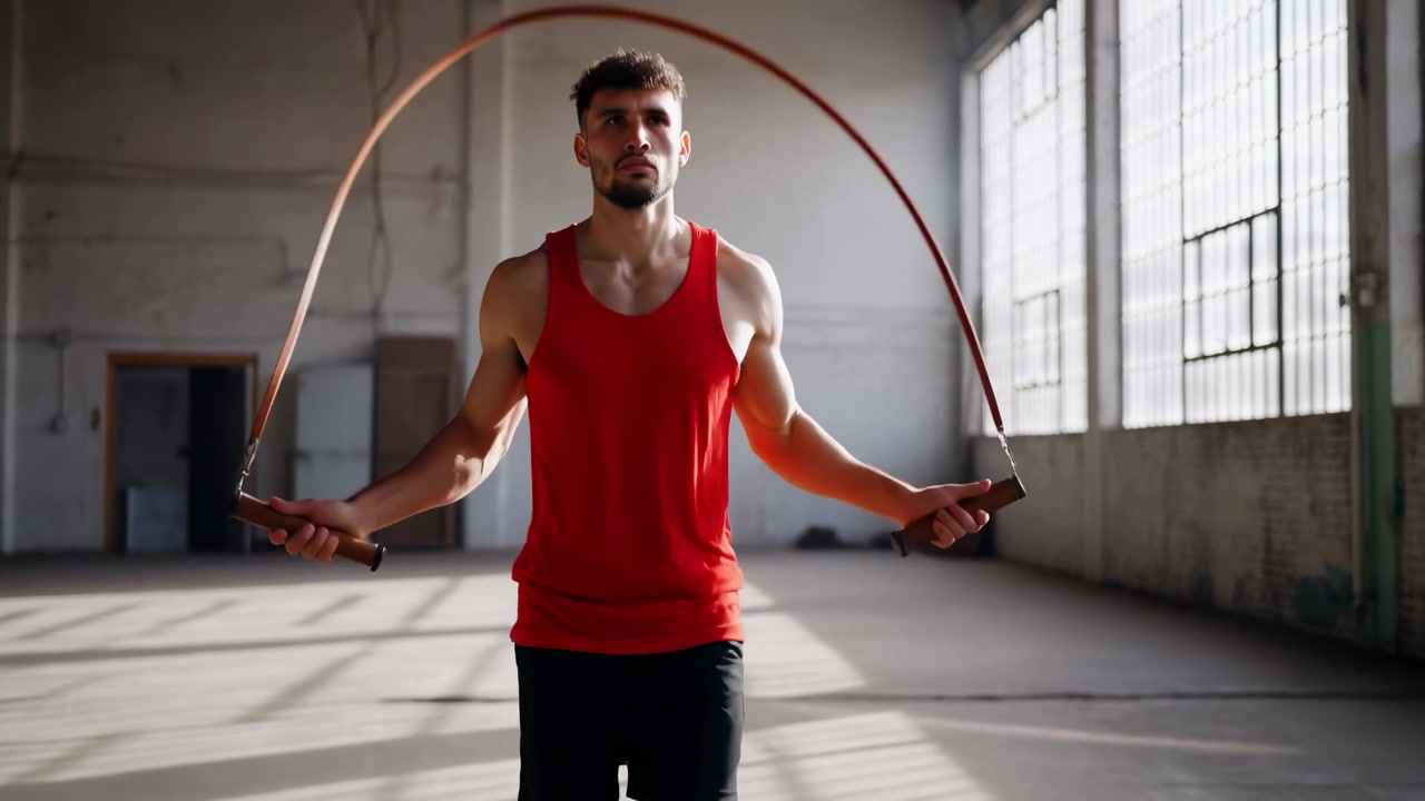 A muscular man wearing a red tank top and black shorts jumps rope in the center of a spacious industrial gym. Sunlight streams through large grid windows on